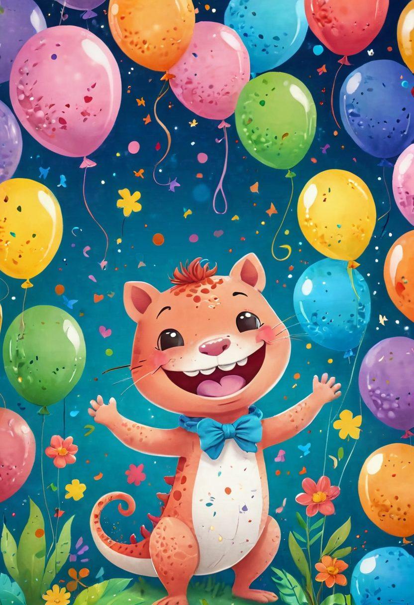 A whimsical illustration of Sally the Salamander with a big smile, surrounded by colorful, playful elements like balloons, confetti, and oversized flowers. She is playfully interacting with a variety of quirky objects like musical notes and playful animals, embodying joy and creativity. The background is a vibrant, dreamy landscape that invites a sense of happiness and adventure. cartoon style. vibrant colors. soft pastel background.