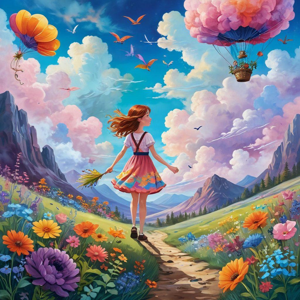 A whimsical illustration of Sally joyfully exploring a fantastical landscape filled with colorful, oversized flowers, playful creatures, and swirling clouds. Each adventure scene radiates a sense of cheerfulness, showing Sally engaging with nature, creating art, and celebrating friendship. The sky is a brilliant blend of pastel colors, and the whole composition feels vibrant and inviting. Engage the viewer’s imagination with rich details and a touch of magic. vivid colors. painting.