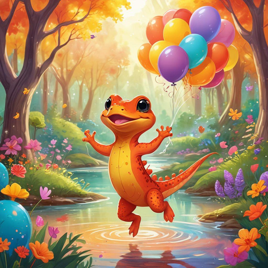 A cheerful, cartoon-style salamander named Sally joyfully interacting with colorful, whimsical elements like floating balloons, dancing flowers, and bright sunbeams. The background features a vibrant, enchanted forest with sparkling streams and playful critters to capture the essence of joy and whimsy. The scene has a warm and inviting color palette, radiating positivity. cartoon art. vibrant colors. soft focus.